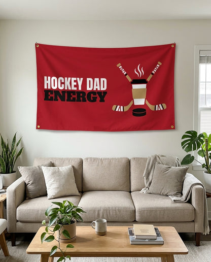 Hockey Dad Energy flag used as living room wall decor