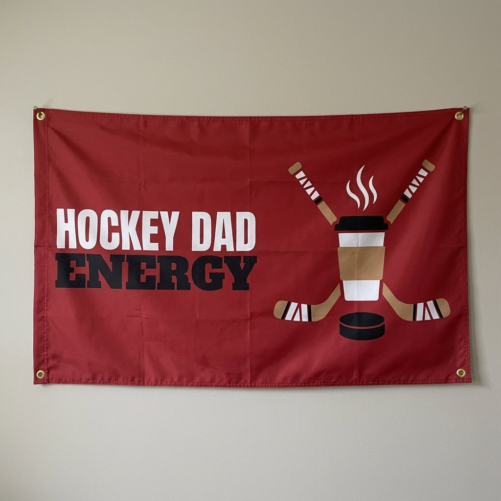 Hockey Dad Energy flag 3x5 in red with a coffee cup and hockey sticks, hung on a wall