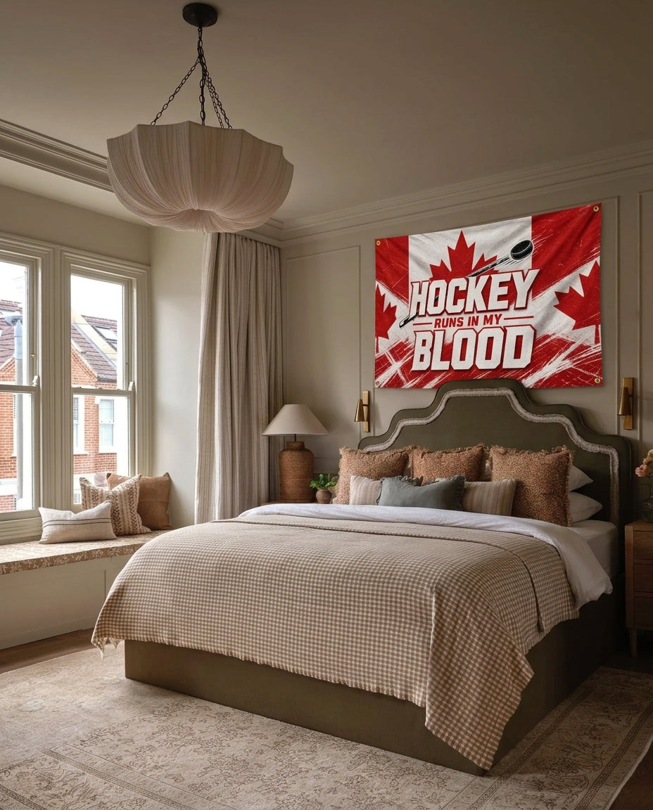 Hockey Runs In My Blood Canada hockey wall flag hanging in a bedroom