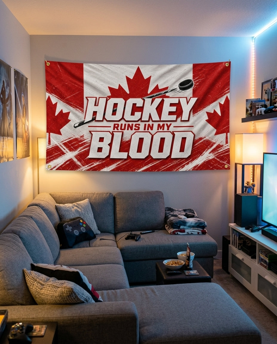 Hockey Runs In My Blood flag decorating a game room wall
