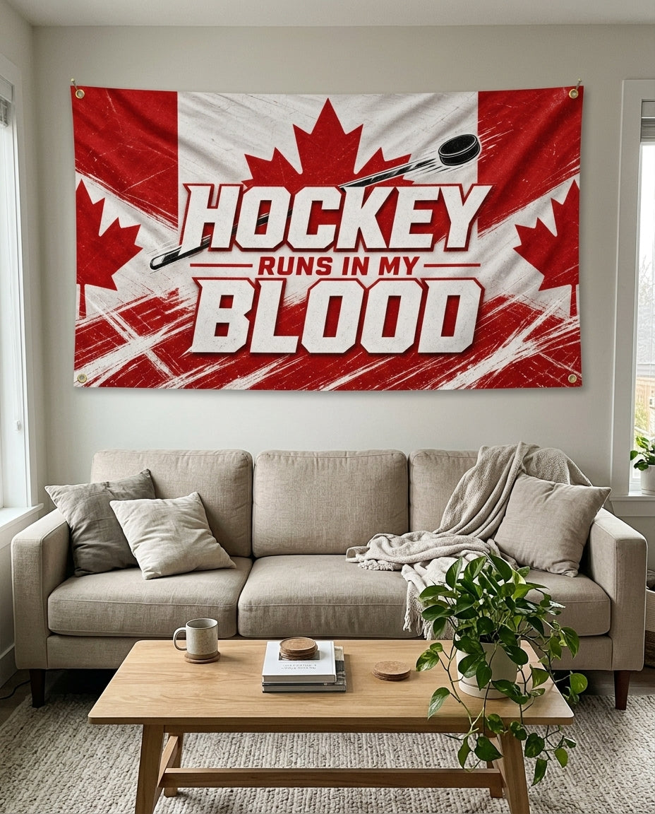 Red and white Hockey Runs In My Blood flag used as living room wall decor