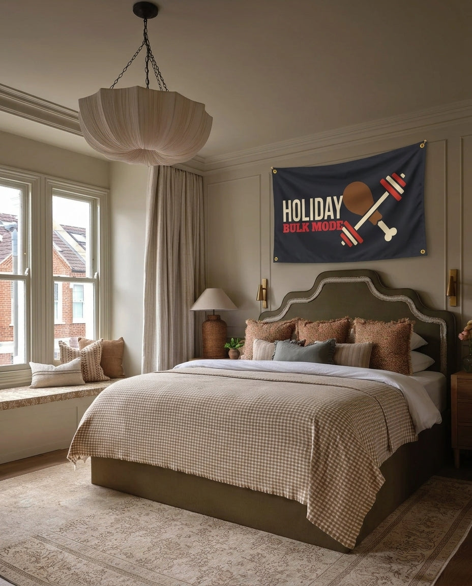 Holiday Bulk Mode gymnastics wall flag hanging in a bedroom