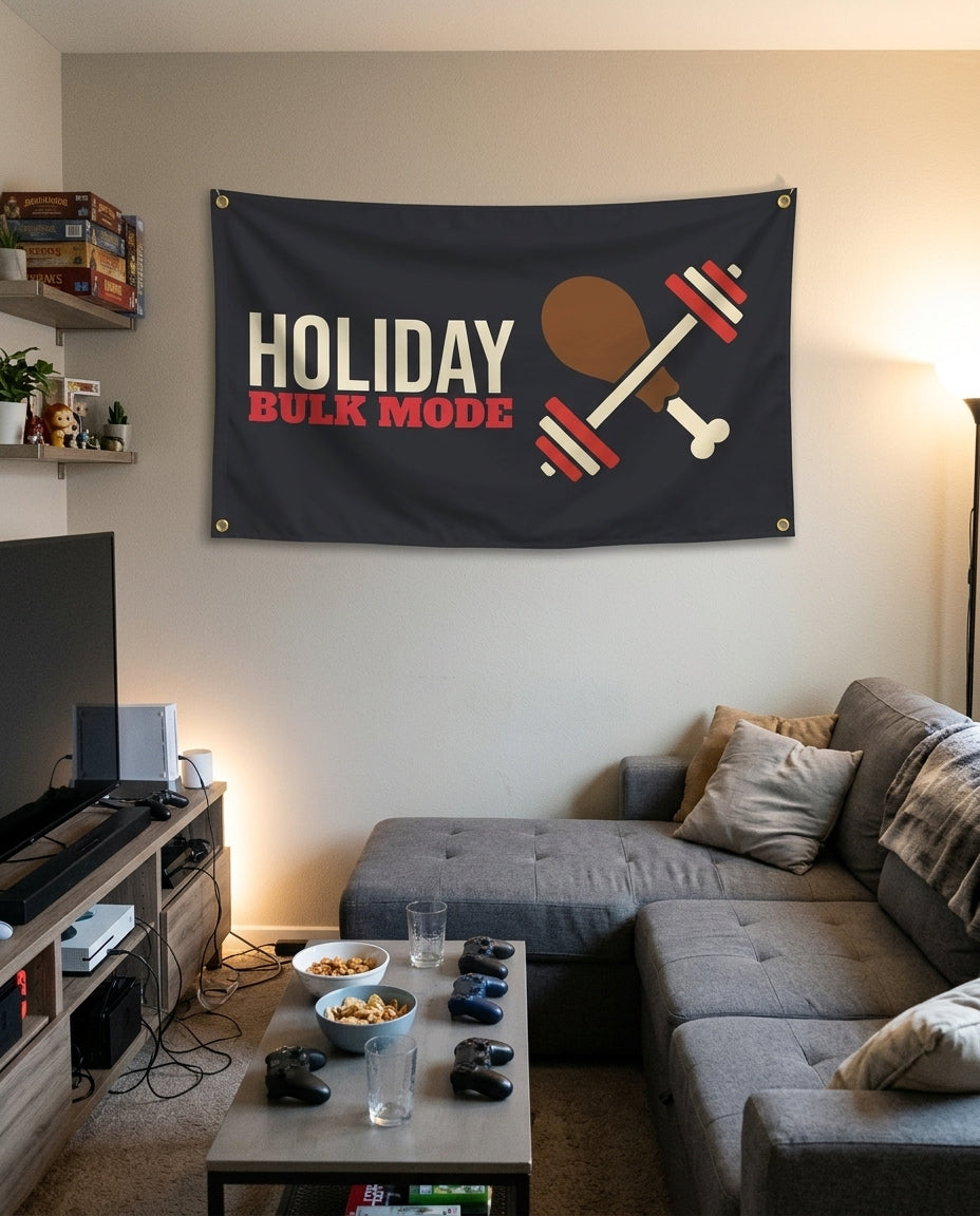 Holiday Bulk Mode flag decorating a game room wall