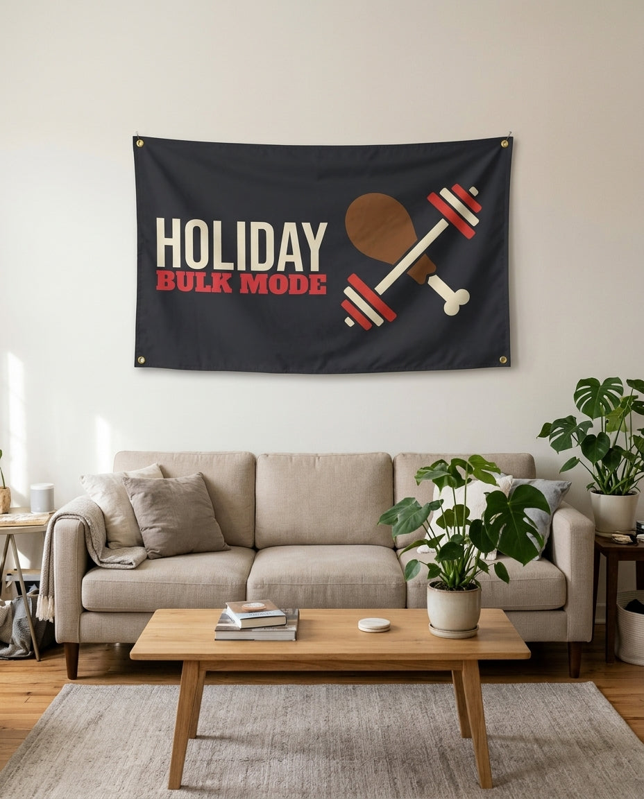 Holiday Bulk Mode flag used as living room wall decor