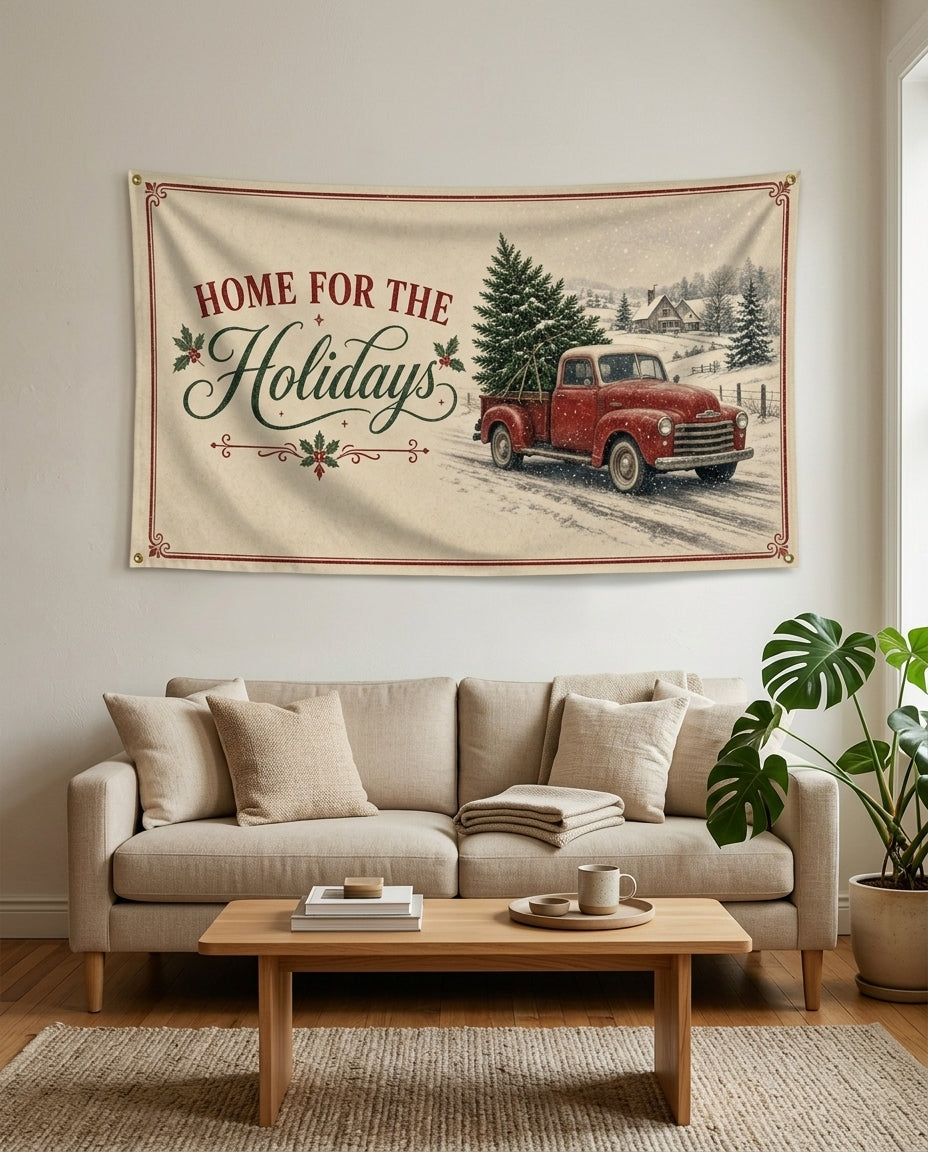 Home For The Holidays flag used as holiday living room wall decor