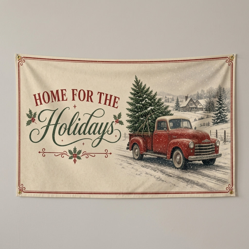 Home For The Holidays flag 3x5 with a red truck hauling a tree through the snow, hung on a wall