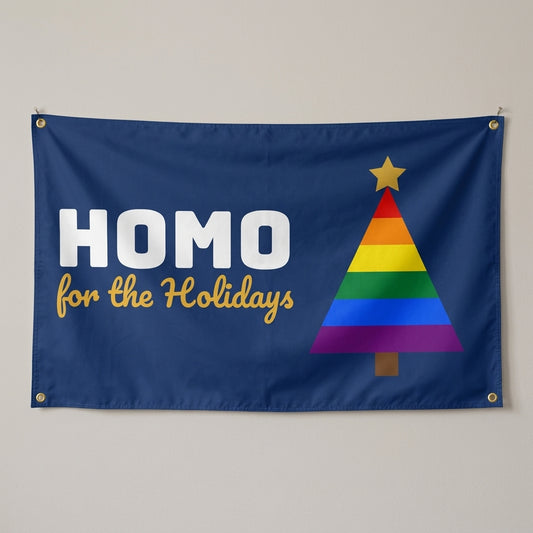 Homo For The Holidays flag 3x5 in navy with a rainbow Christmas tree, hung on a wall