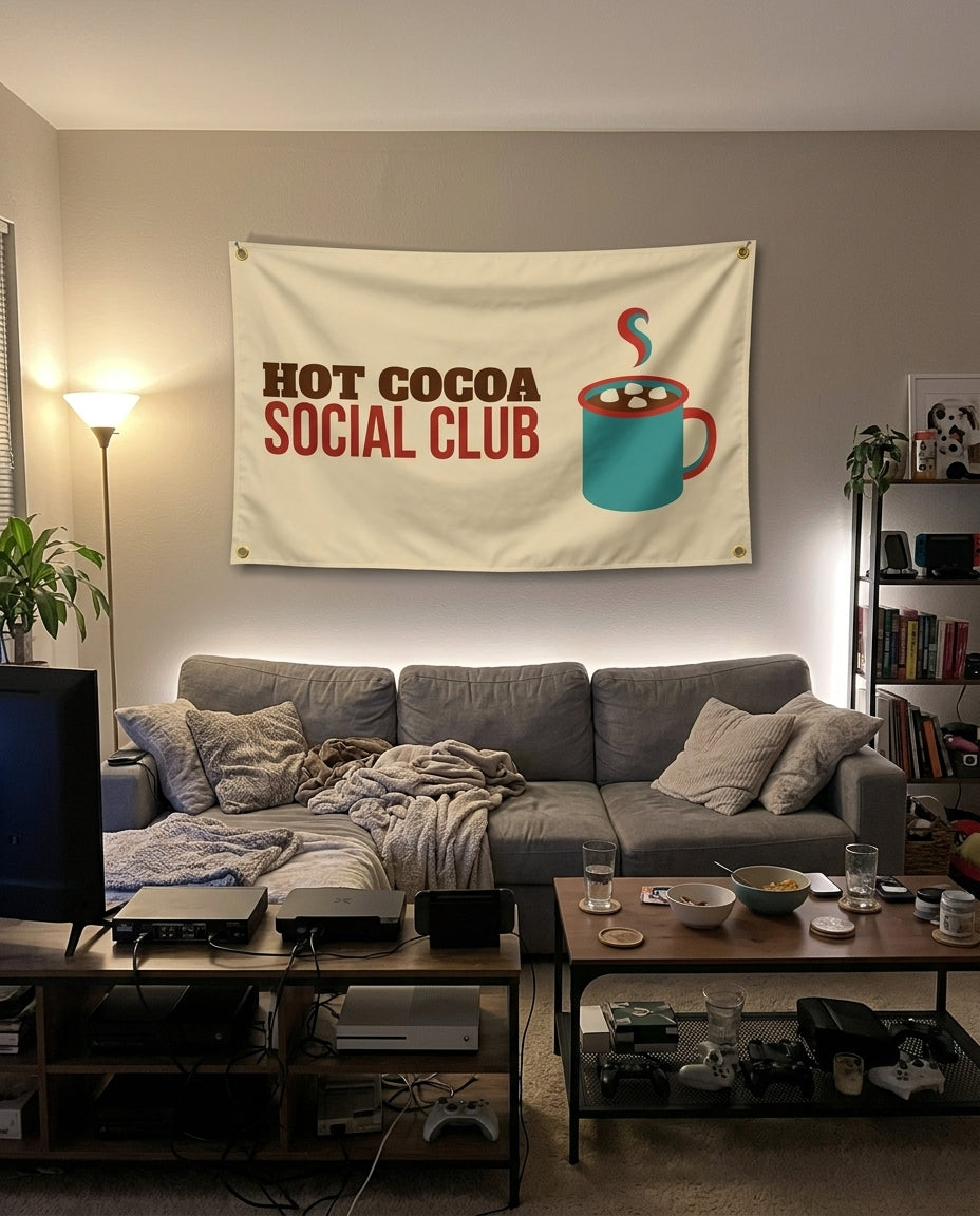 Hot Cocoa Social Club flag decorating a game room wall