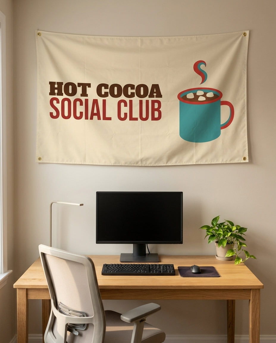 Hot Cocoa Social Club 3x5 flag on a home office wall