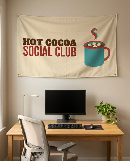 Hot Cocoa Social Club 3x5 flag on a home office wall
