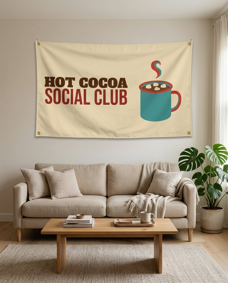 Hot Cocoa Social Club flag used as living room wall decor