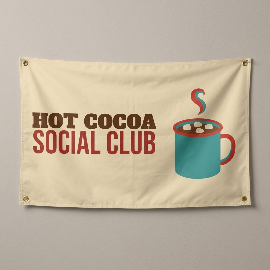 Hot Cocoa Social Club flag 3x5 in cream with a mug of cocoa with marshmallows, hung on a wall