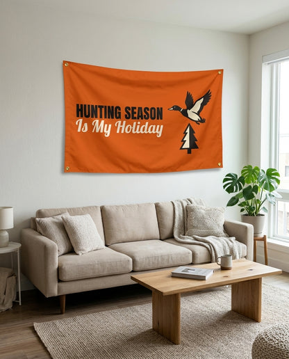Hunting Season Is My Holiday flag used as living room wall decor