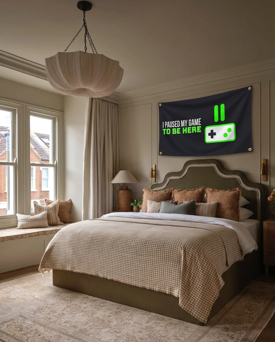 Game Paused For This gaming wall flag hanging in a bedroom