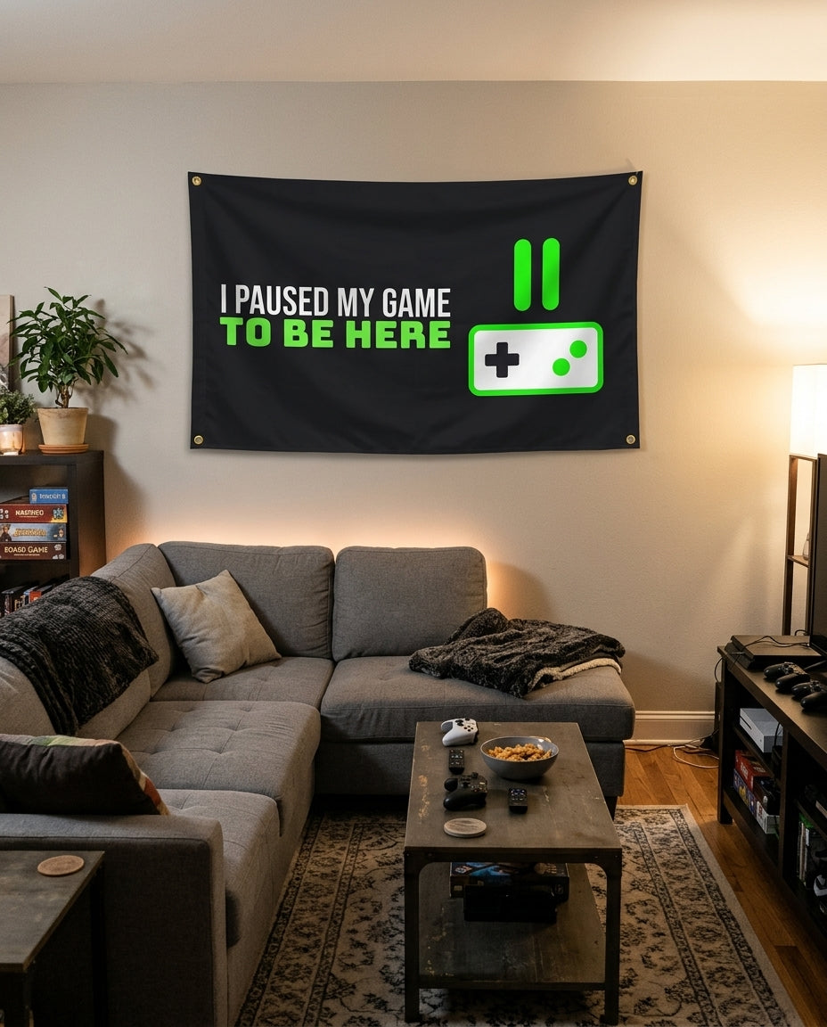 Game Paused For This flag decorating a game room wall