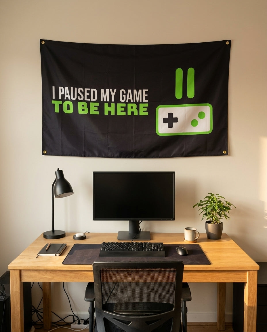 Game Paused For This 3x5 flag on a home office wall