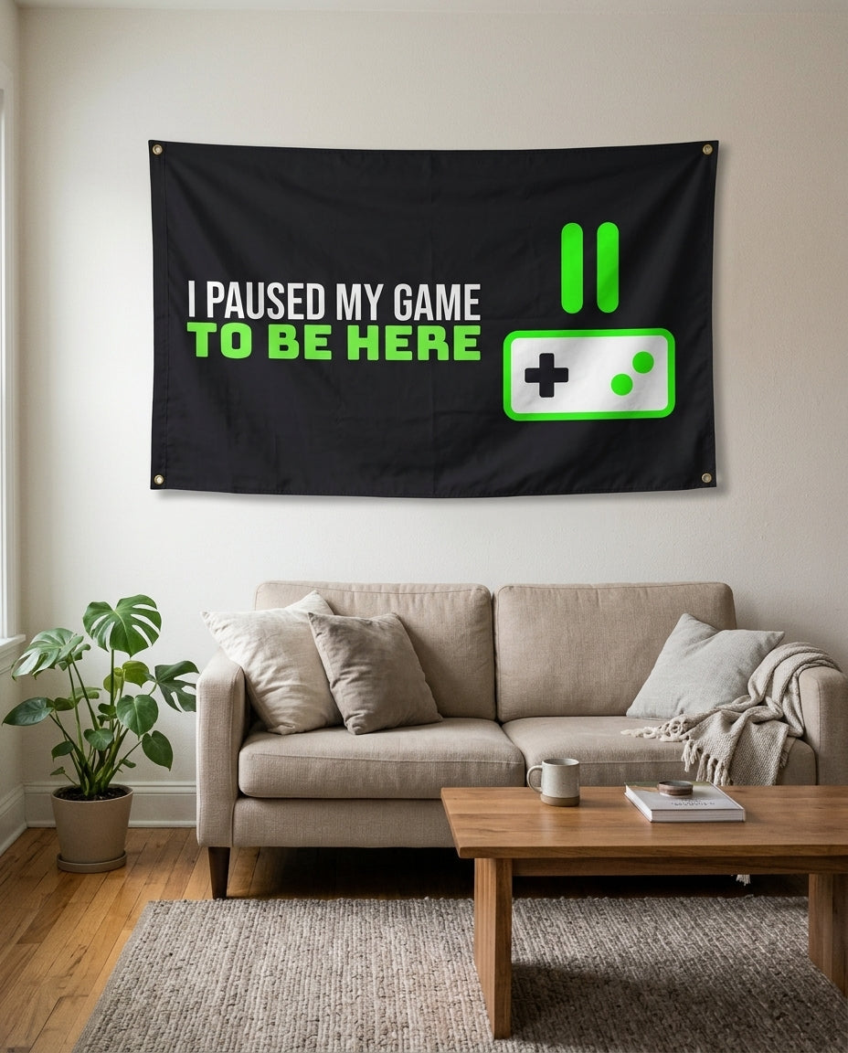 Game Paused For This flag used as living room wall decor
