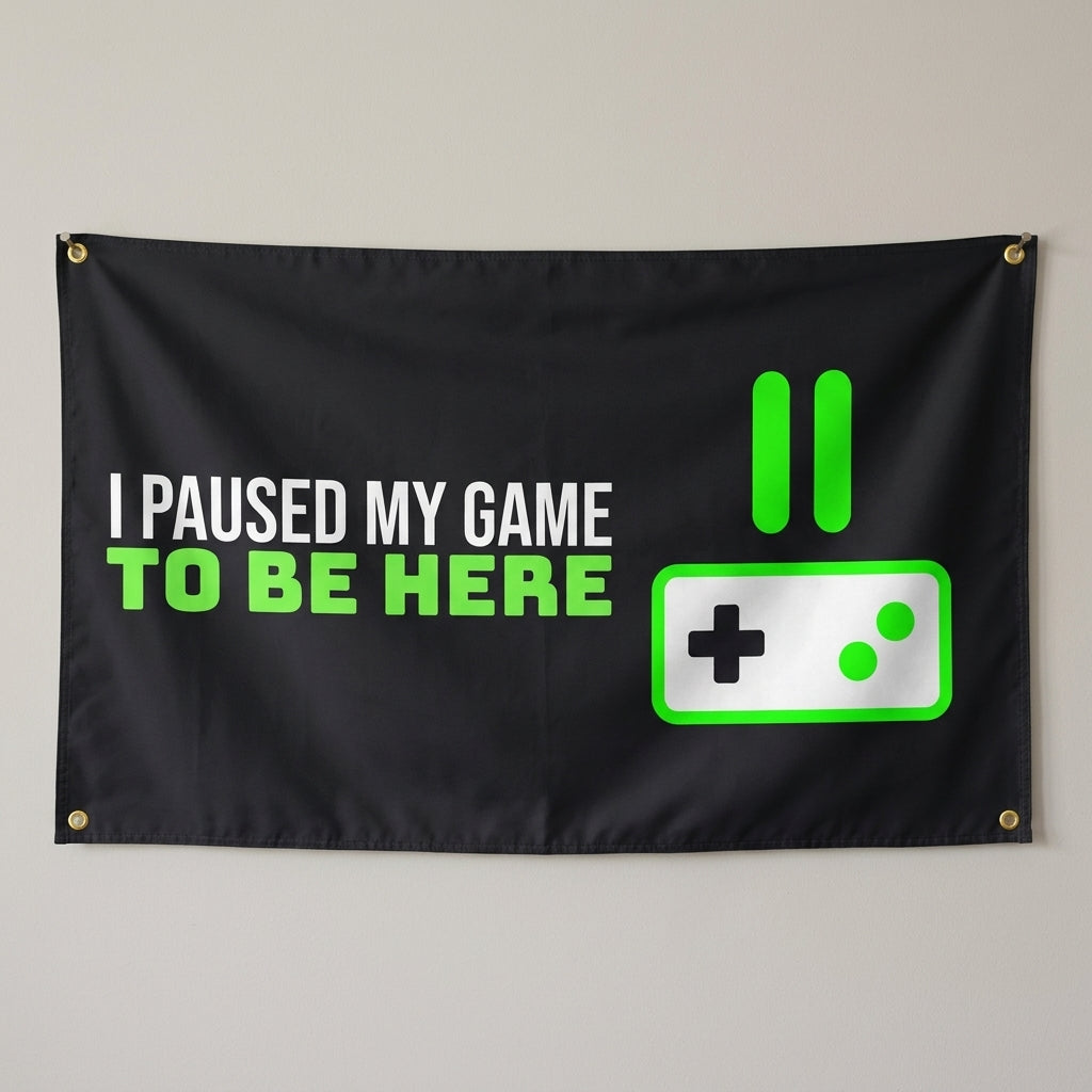Game Paused For This flag 3x5 in black with a pause icon and controller, hung on a wall