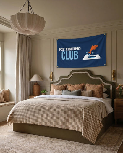 Ice Fishing Club winter wall flag hanging in a bedroom