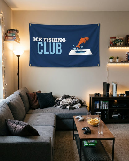 Ice Fishing Club flag decorating a game room wall
