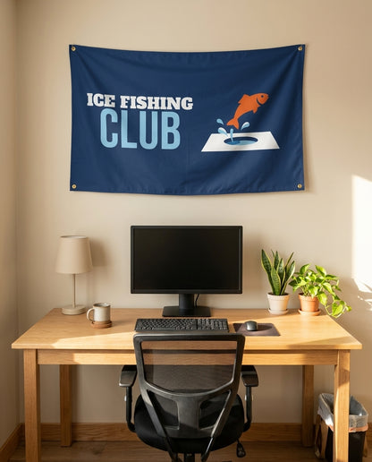 Ice Fishing Club 3x5 flag on a home office wall