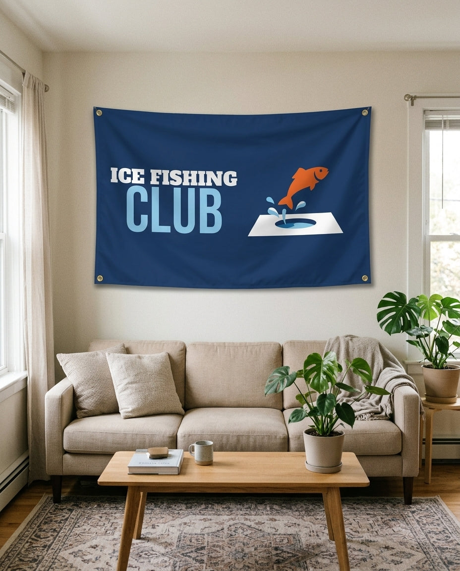 Ice Fishing Club flag used as living room wall decor