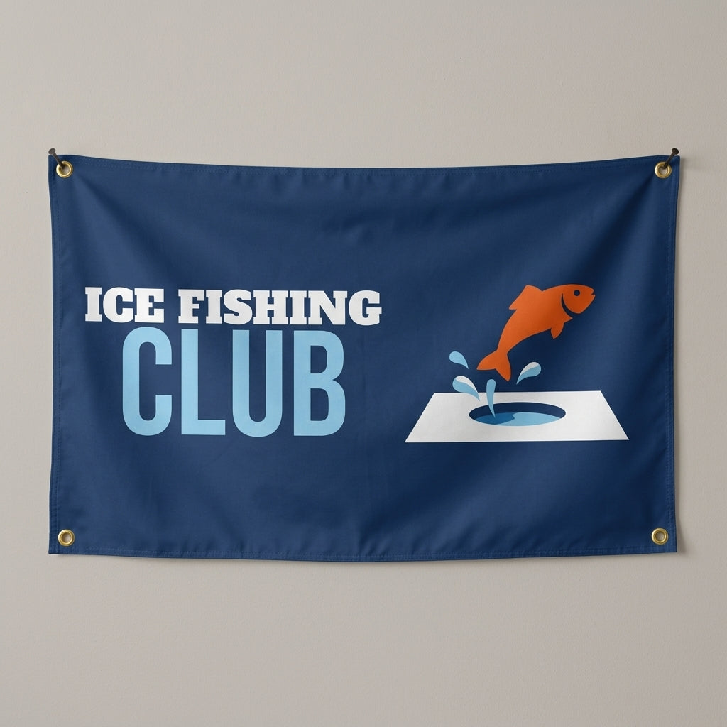 Ice Fishing Club flag 3x5 in navy with a fish jumping from an ice hole, hung on a wall