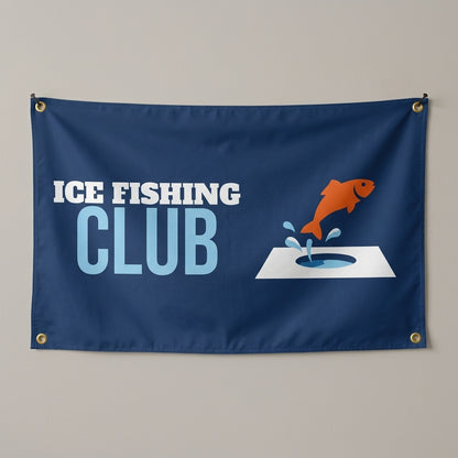 Ice Fishing Club flag 3x5 in navy with a fish jumping from an ice hole, hung on a wall