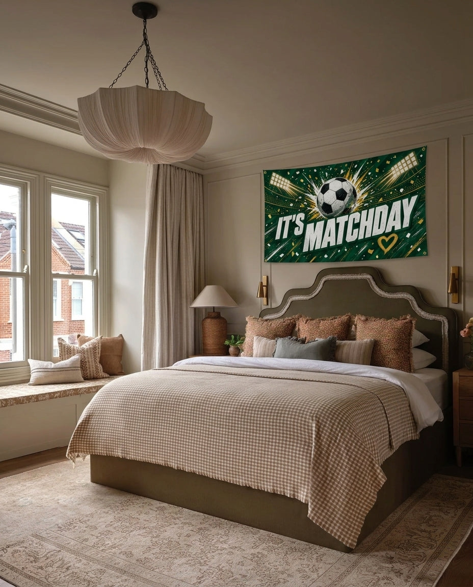 Its Matchday soccer wall flag hanging in a bedroom