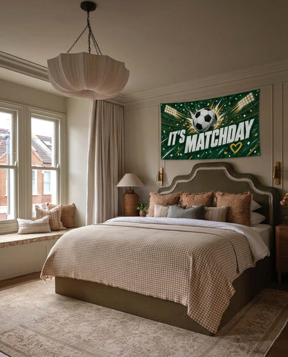 Its Matchday soccer wall flag hanging in a bedroom