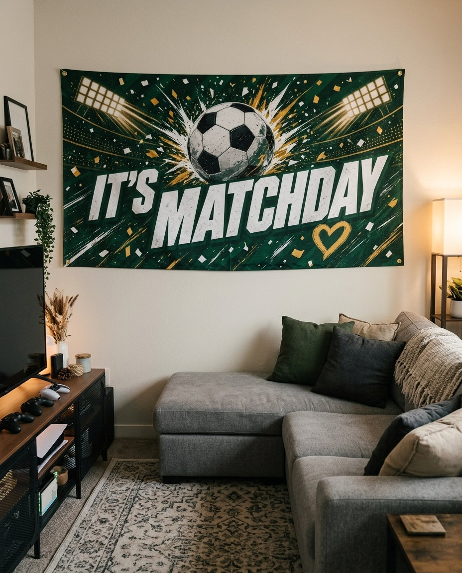 Its Matchday soccer flag decorating a game room wall