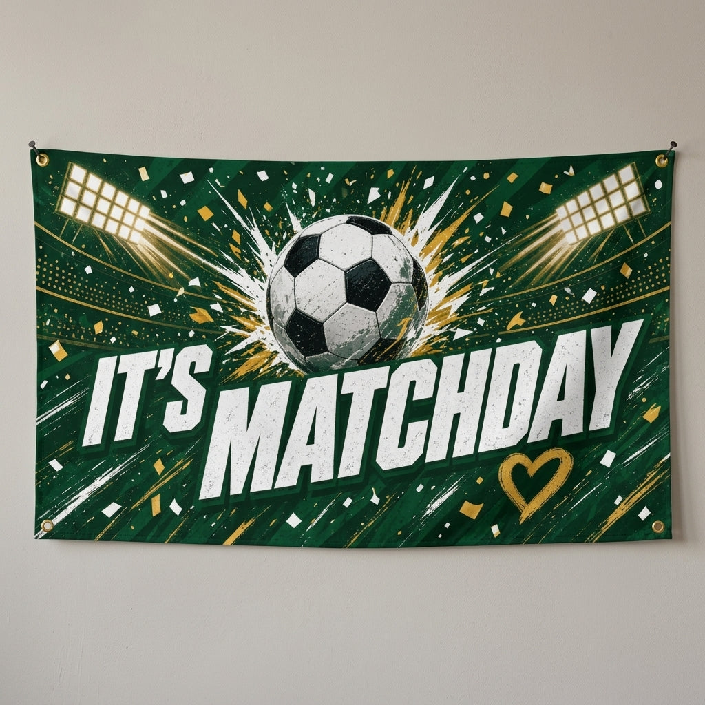 Its Matchday soccer flag 3x5 in green with a soccer ball and stadium lights, hung on a gray wall