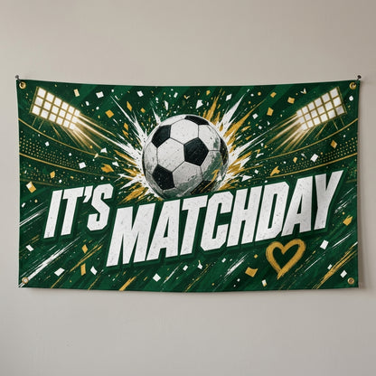 Its Matchday soccer flag 3x5 in green with a soccer ball and stadium lights, hung on a gray wall