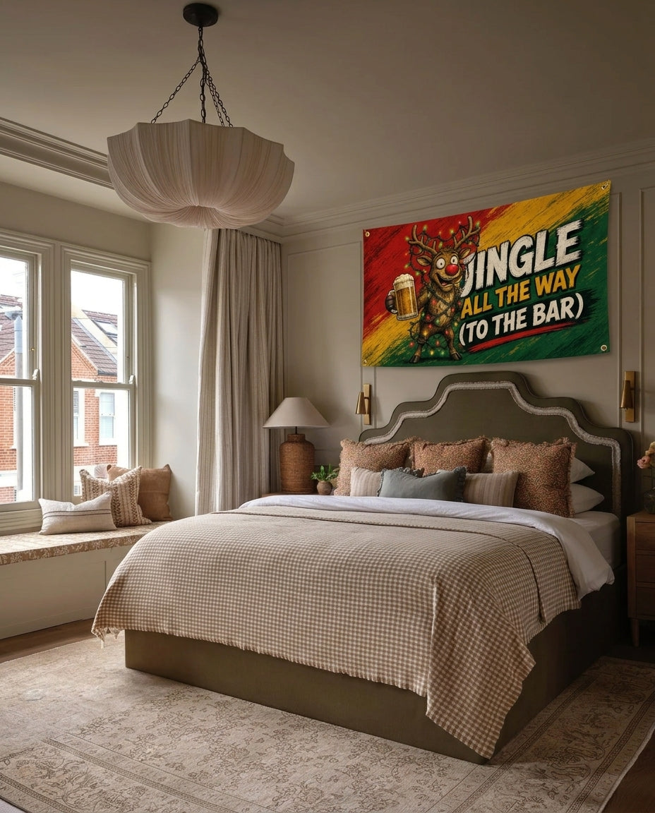 Jingle All The Way To The Bar Christmas wall flag hanging in a bedroom