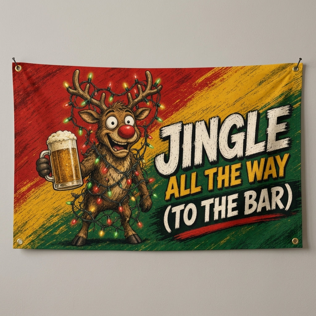 Jingle All The Way To The Bar flag 3x5 with a beer toting reindeer wrapped in lights, hung on a wall