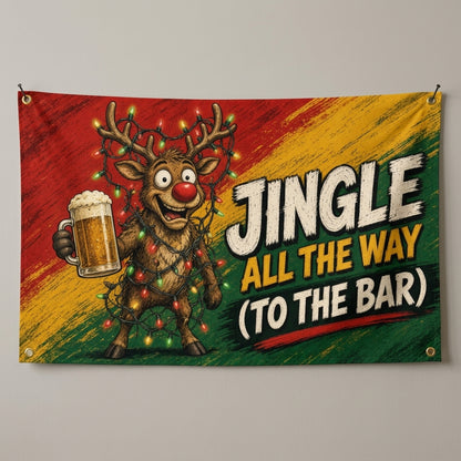 Jingle All The Way To The Bar flag 3x5 with a beer toting reindeer wrapped in lights, hung on a wall