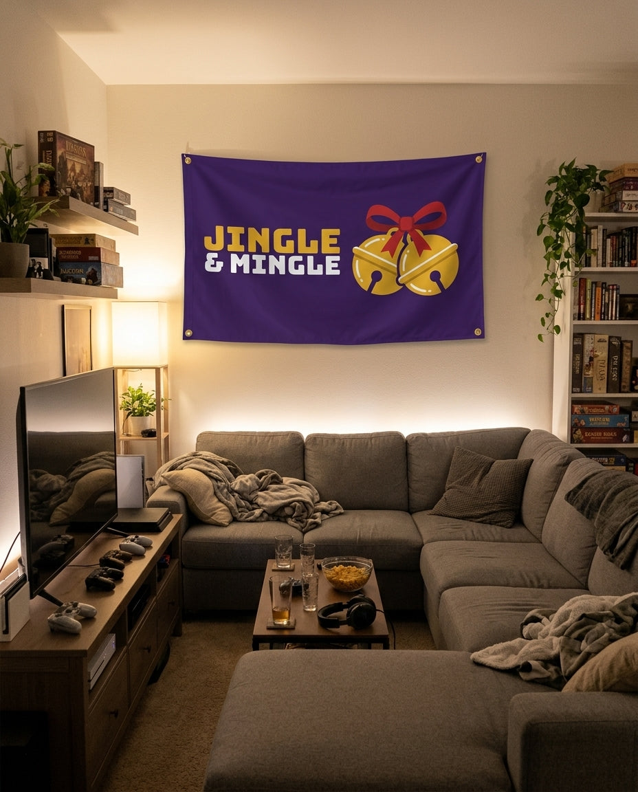 Jingle And Mingle flag decorating a game room wall