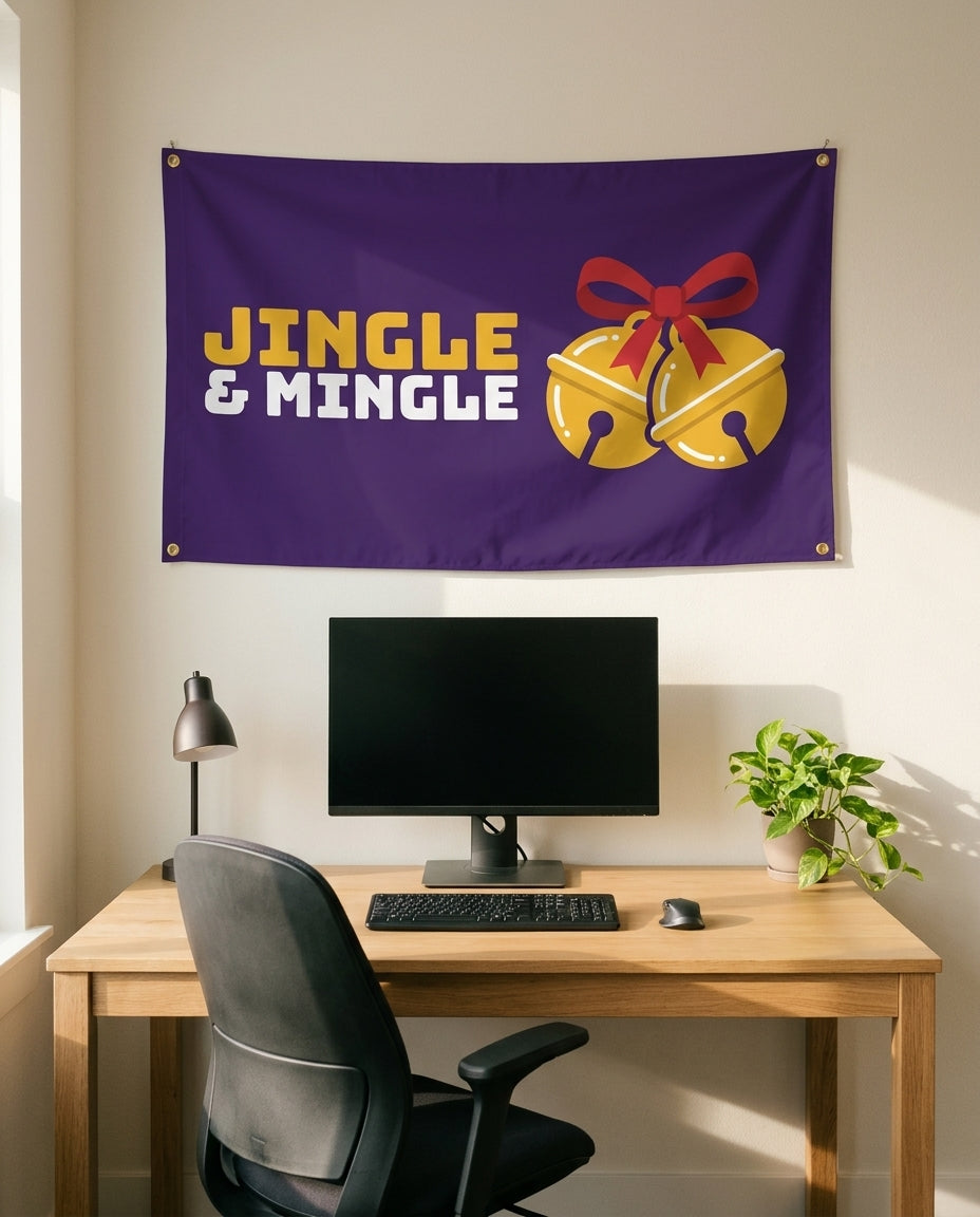 Jingle And Mingle 3x5 flag on a home office wall