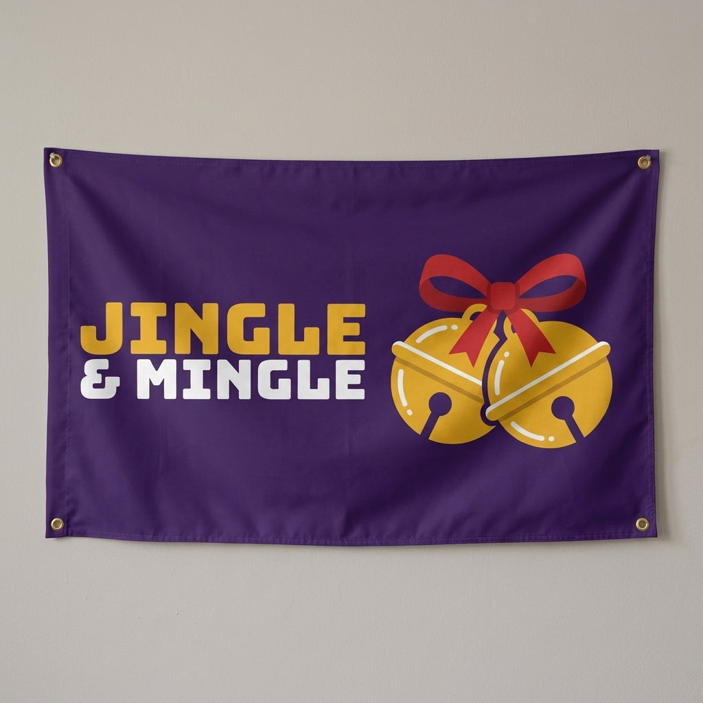 Jingle And Mingle flag 3x5 in purple with gold bells and a red bow, hung on a wall