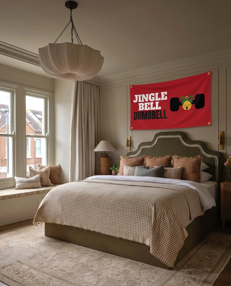 Jingle Bell Dumbbell gymnastics wall flag hanging in a bedroom