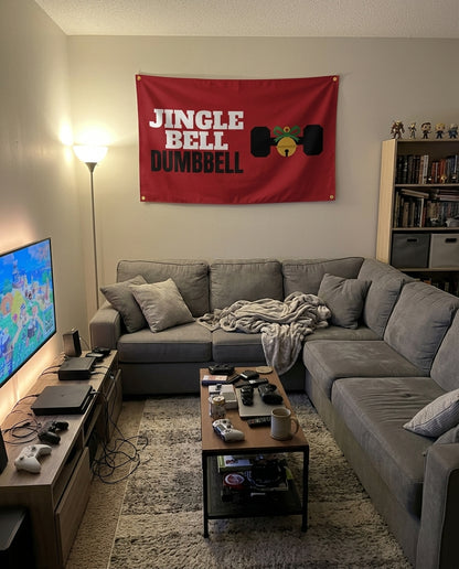 Jingle Bell Dumbbell flag decorating a game room wall