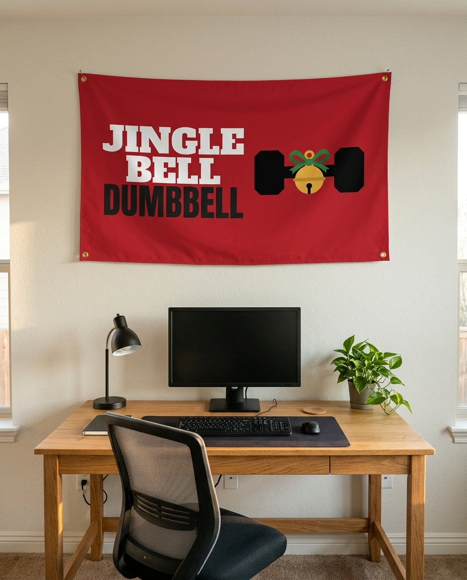Jingle Bell Dumbbell 3x5 flag on a home office wall