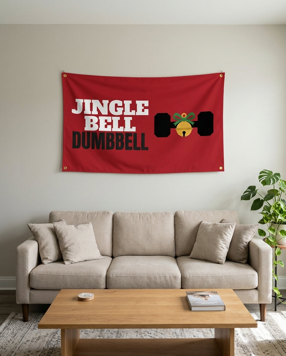 Jingle Bell Dumbbell flag used as living room wall decor