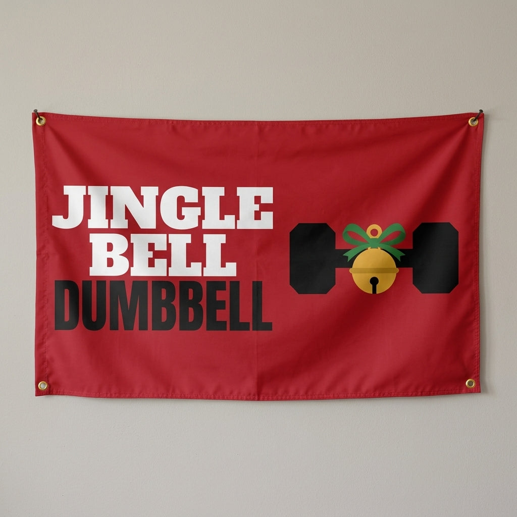 Jingle Bell Dumbbell flag 3x5 in red with a dumbbell with a jingle bell and holly, hung on a wall