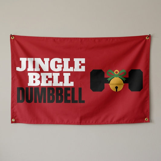 Jingle Bell Dumbbell flag 3x5 in red with a dumbbell with a jingle bell and holly, hung on a wall