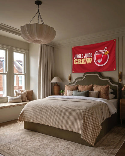 Jingle Juice Crew Christmas wall flag hanging in a bedroom