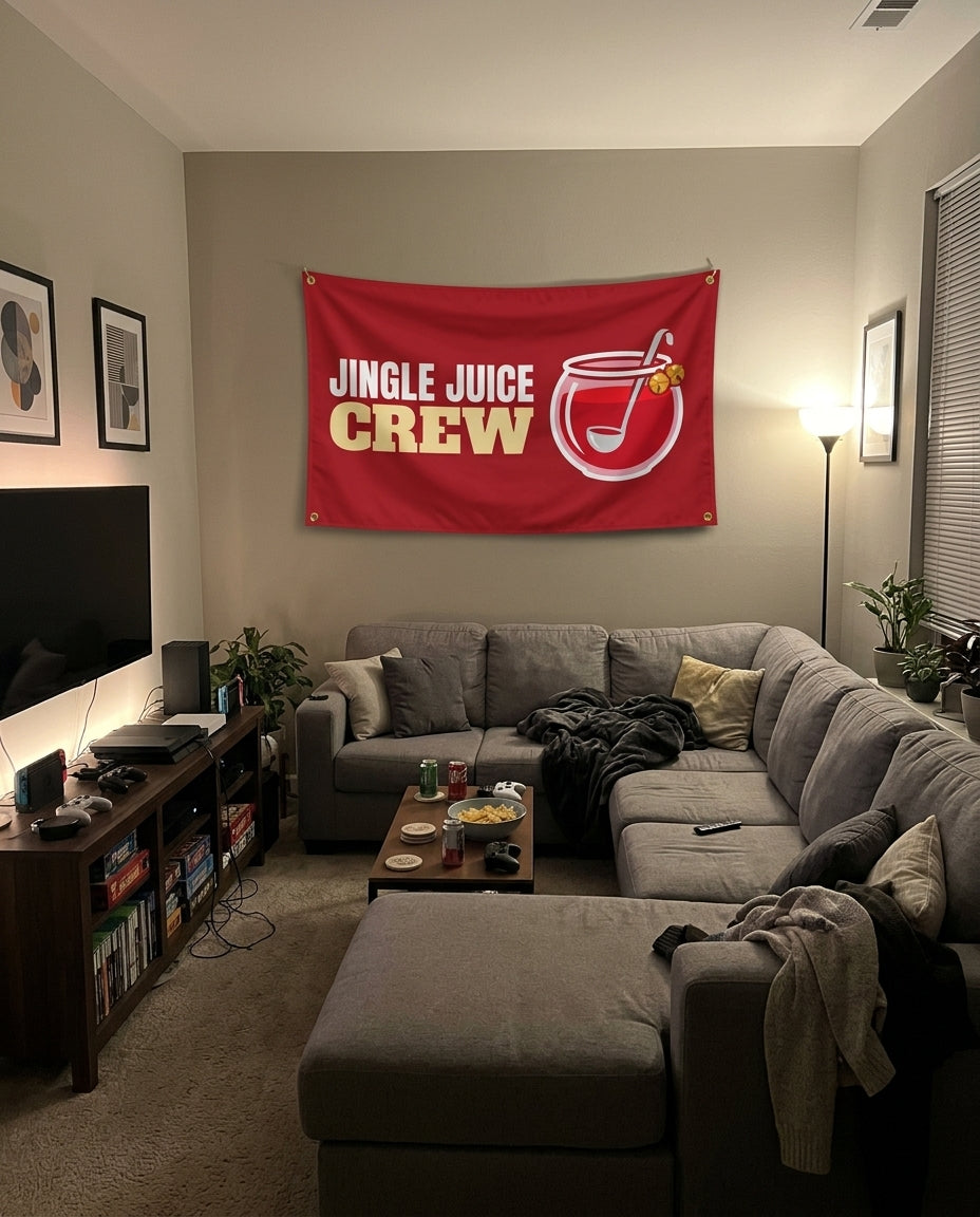 Jingle Juice Crew flag decorating a game room wall