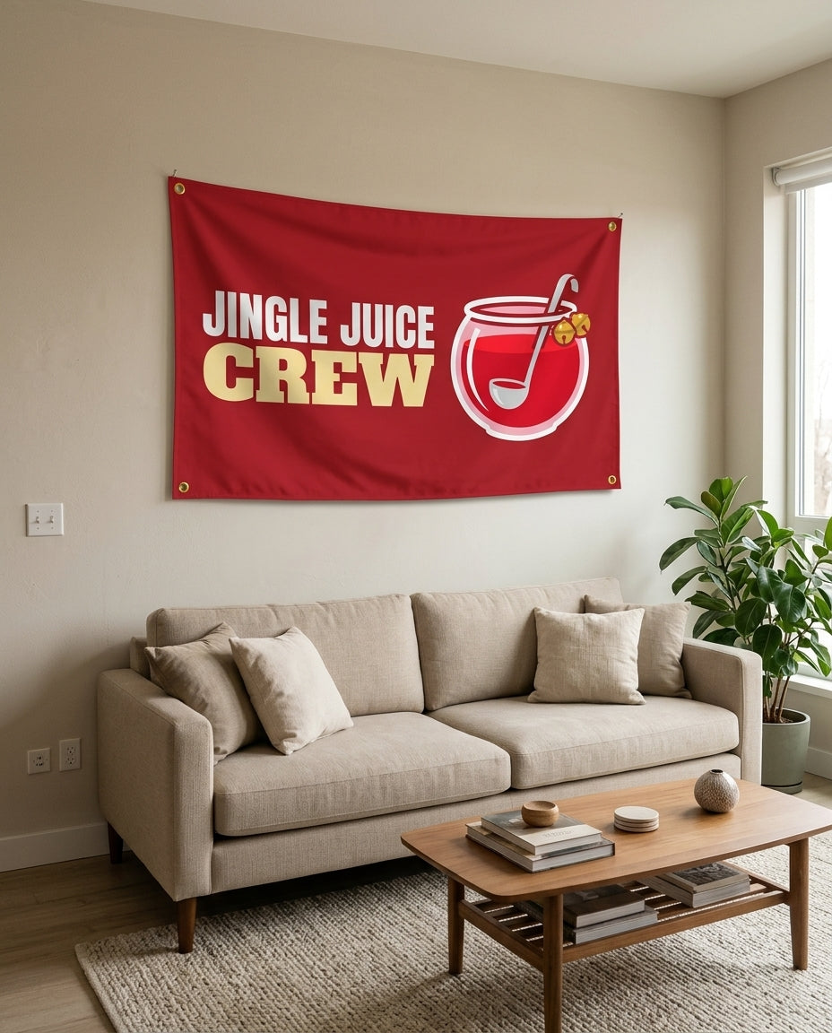 Jingle Juice Crew flag used as living room wall decor