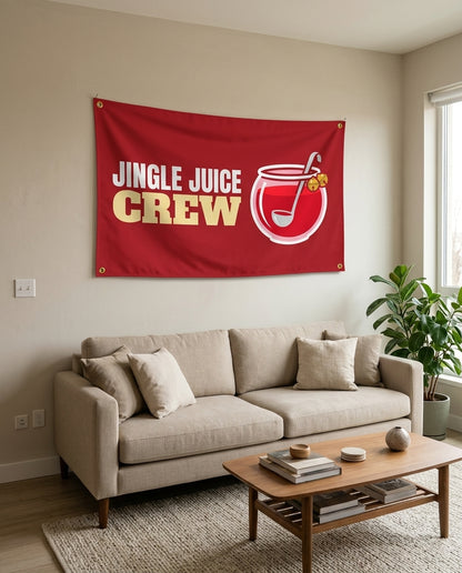 Jingle Juice Crew flag used as living room wall decor