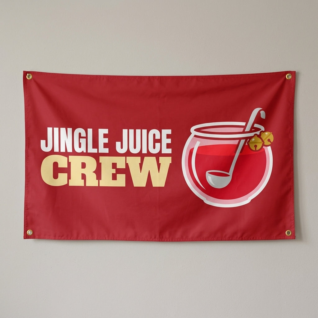 Jingle Juice Crew flag 3x5 in red with a punch bowl with bells, hung on a wall